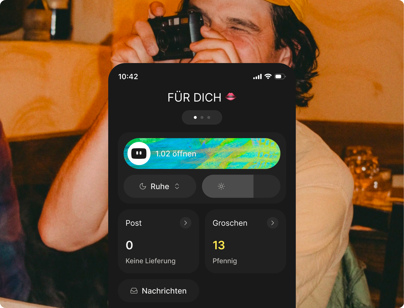 Startbildschirm der Communits App mit Unit-Steuerung und Groschen-Guthaben.