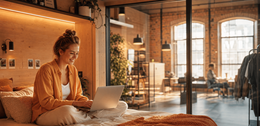 Junges Community-Member arbeitet entspannt mit Laptop in einem hellen Loft im Communits-Standort